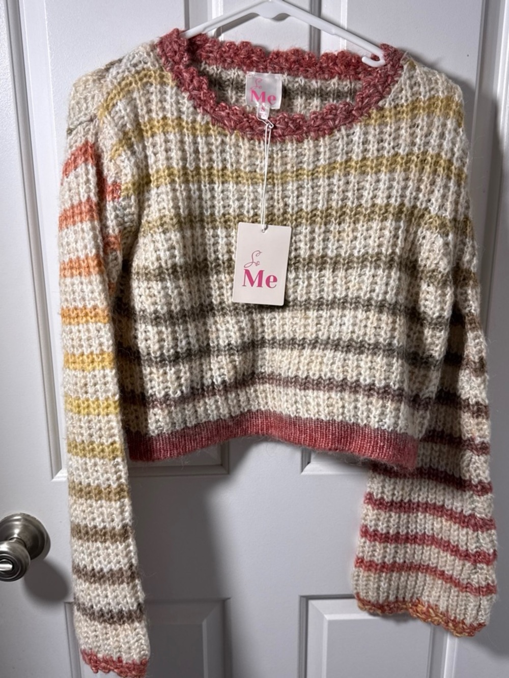 So Me Cream Sweater with Pink, Yellow, Orange and Brown Stripes